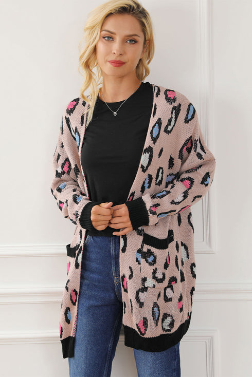 Leopard Contrast Trim Pocketed Open Cardigan